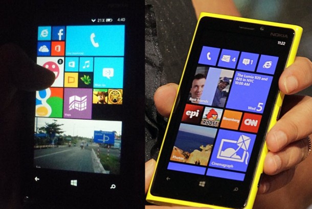 ซ้ายภาพหน้าจอที่หลุดออกมา ทางขวาเป็นภาพหน้าจอ Lumia 920 รุ่นปัจจุบัน