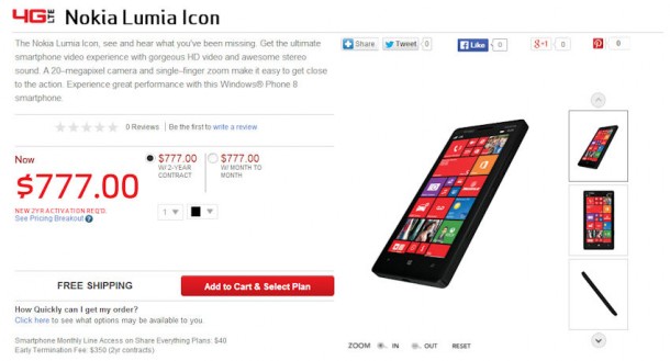Nokia Lumia Icon details on Verizon site