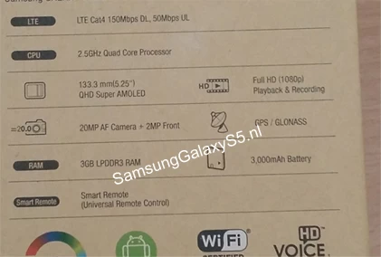 Rear box Samsung Galaxy S5 1 | galaxy s5 | สเปค Samsung Galaxy S5 หลุดแล้ว! ชัดจากภาพหลังกล่อง ยืนยันหน้าจอ2K 5.25นิ้ว กล้อง 20ล้าน และ Snapdragon 805