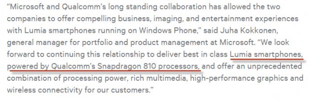 Qualcomm statement on Lumia with Snapdragon 810