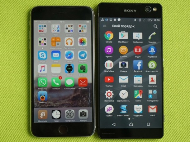 เทียบกับ iPhone 6 Plus (ซ้าย) และ Xperia C5 Ultra (ขวา)