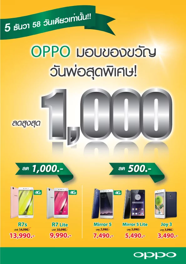 Promotion วันพ่อ CR | R7lite | OPPO ใจดี ลดให้หนึ่งพันบาทพร้อมของแถมจุใจในวันพ่อ! เครื่องรุ่นเล็กรุ่นใหญ่ รุ่นใหม่ล่าสุด R7s, R7lite ในวันที่ 5ธันวาเท่านั้น!