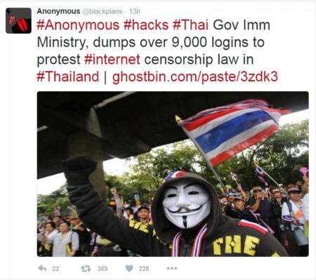 Anonymous ประกาศสงครามกับรัฐบาลไทย แฮ็กสำนักข่าวกรอง และ สตช. พร้อมเผยข้อมูลสำนักงานตรวจคนเข้าเมือง 9,000 รายชื่อ