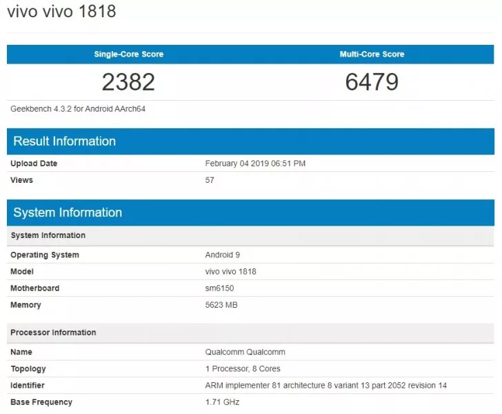 vivo v15 pro | Geekbench | พบข้อมูล Geekbench ของ vivo V15 Pro ที่มาพร้อมกับชิป Snapdragon 675