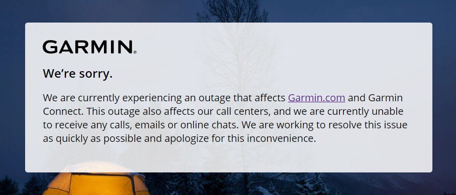 GARMIN outage message | garmin | Garmin ถูก Ransomware โจมตีทำให้ระบบทั้งหมดต้องหยุดชั่วคราว แถมแฮกเกอร์เรียกค่าไถ่ถึง 10 ล้านดอลลาร์!