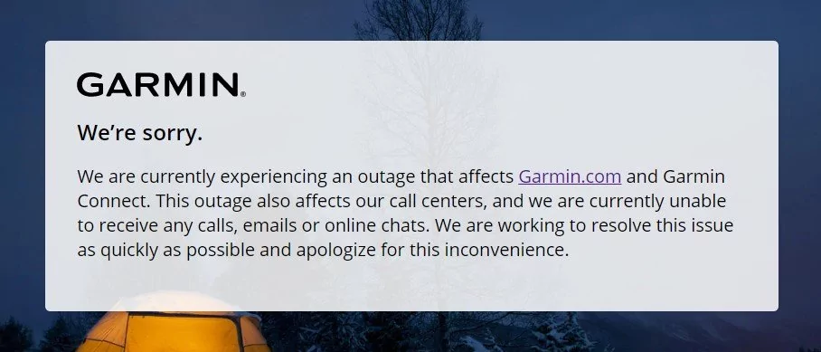 GARMIN outage message | garmin | Garmin ถูก Ransomware โจมตีทำให้ระบบทั้งหมดต้องหยุดชั่วคราว แถมแฮกเกอร์เรียกค่าไถ่ถึง 10 ล้านดอลลาร์!