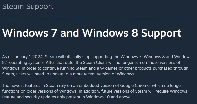 STEAM WINDOWS | Steam | Valve ประกาศ Steam จะไม่รองรับ Windows 7 และ 8 อีกต่อไป เริ่มวันที่ 1 มกราคม 2024