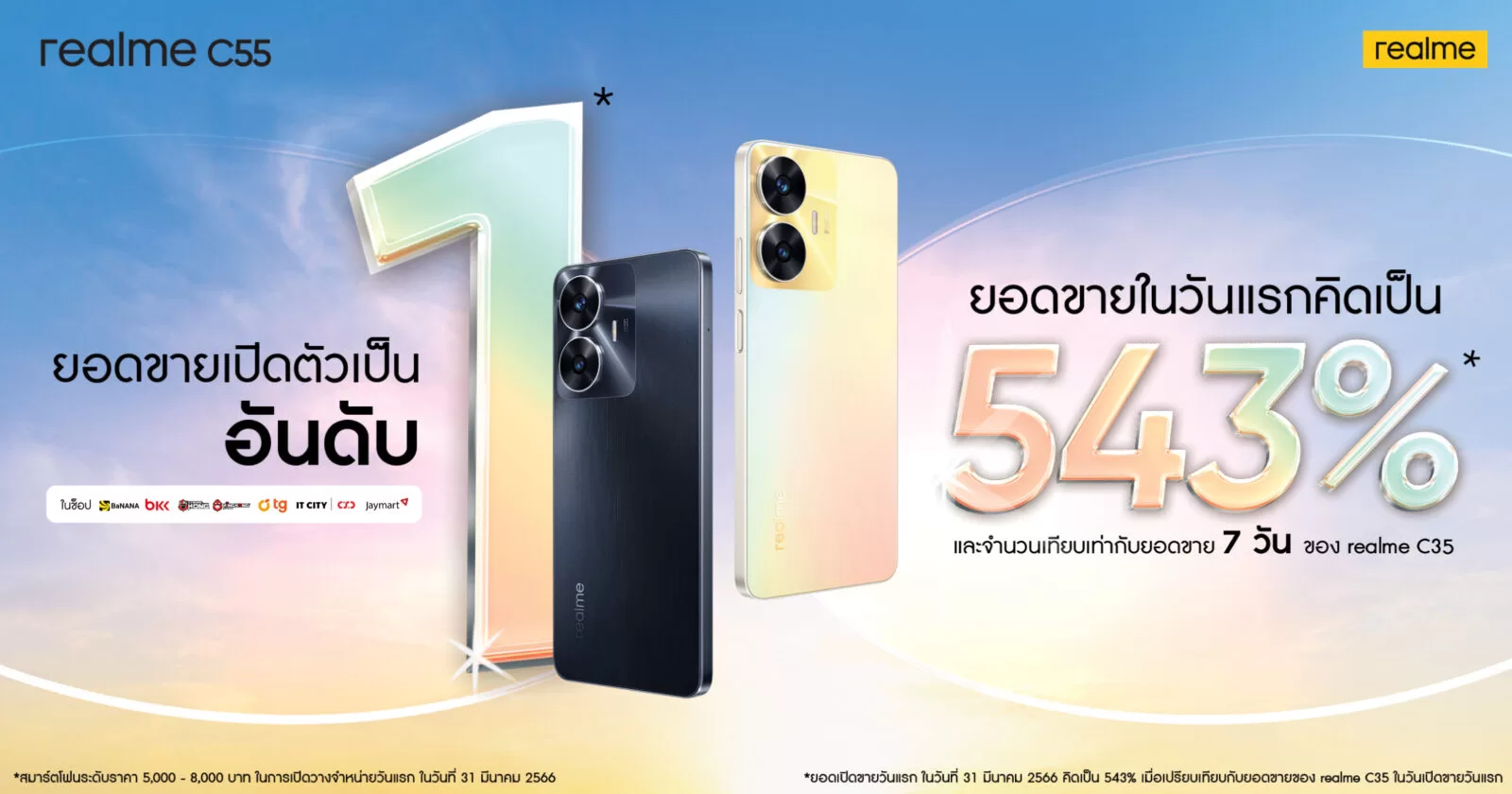 realme C55 ขายดีจัด! ทุบสถิติยอดขายเพิ่มกว่า 500% ขึ้นชาร์ตสมาร์ตโฟนขายดีสุด ทั้งใน Com7, IT City, TGfone และ Jaymart 1 ภาพประกอบข่าว realme C55 ทุบสถิติยอดขายเพิ่มกว่า 500 จากรุ่นก่อน แซงขึ้นชาร์ตสมาร์ตโฟน Best Seller | Com7 | realme C55 ขายดีจัด! ทุบสถิติยอดขายเพิ่มกว่า 500% ขึ้นชาร์ตสมาร์ตโฟนขายดีสุด ทั้งใน Com7, IT City, TGfone และ Jaymart