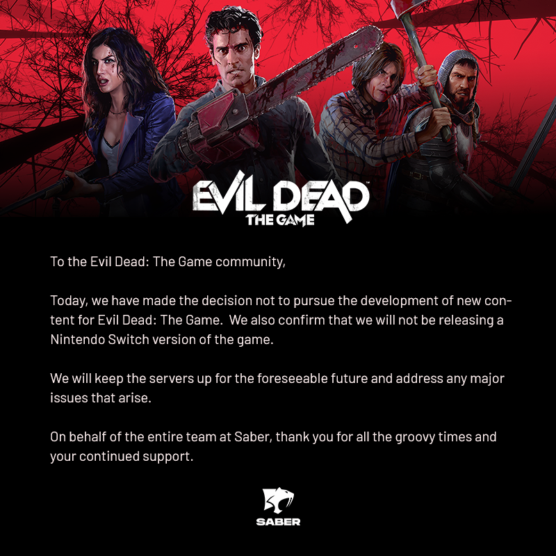 F6askM5W8AEJg6p | Evil Dead: The Game | ผู้พัฒนาประกาศยกเลิก Evil Dead: The Game เวอร์ชัน Nintendo Switch และหยุดอัปเดตเนื้อหาใหม่