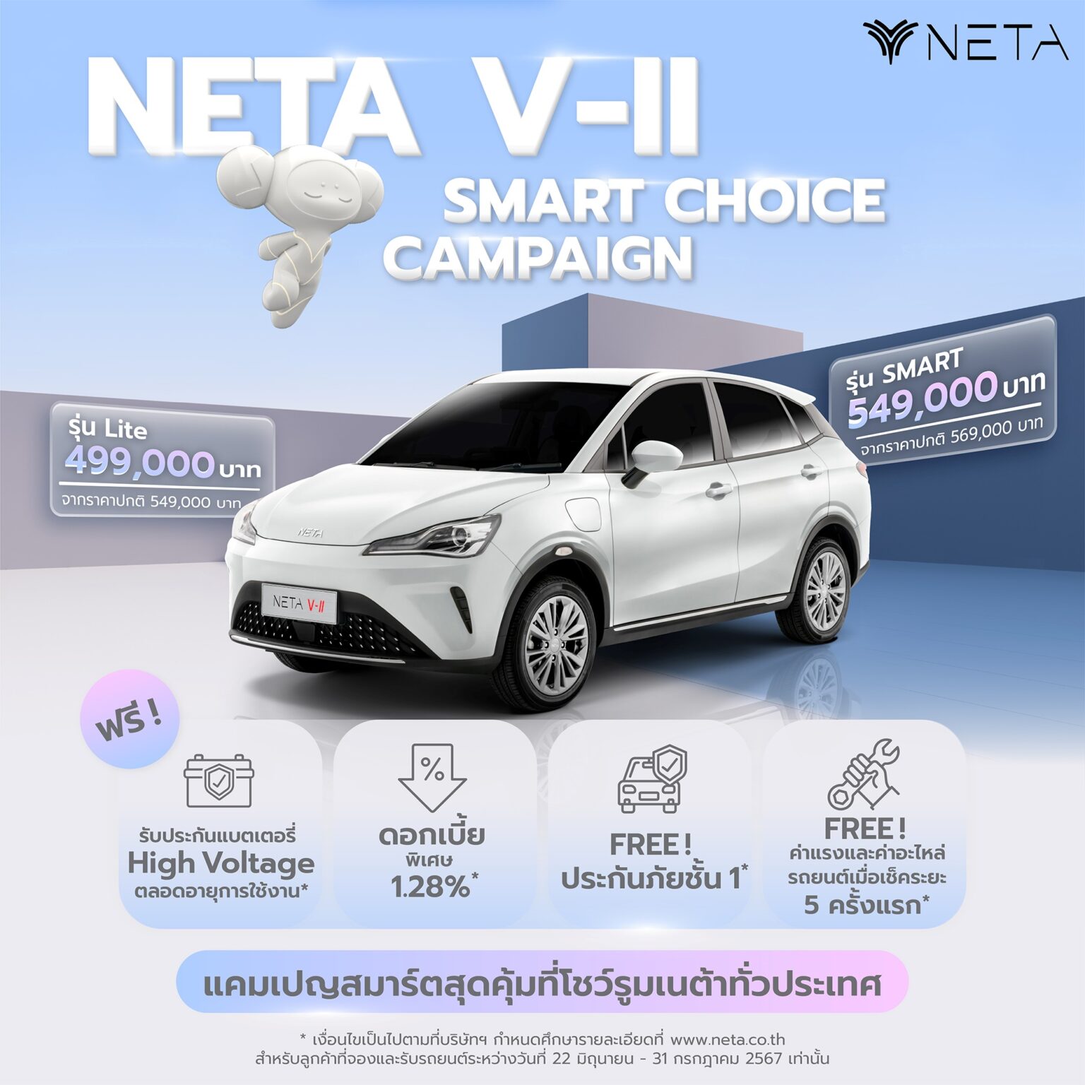NETA มอบข้อเสนอสุดพิเศษกว่าใคร! จอง NETA V-II วันนี้…รับประกันแบตเตอรี่ตลอดอายุการใช้งาน